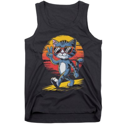 Retro Sunset Cool Cat With Sunglasses Peace Sign Tank Top
