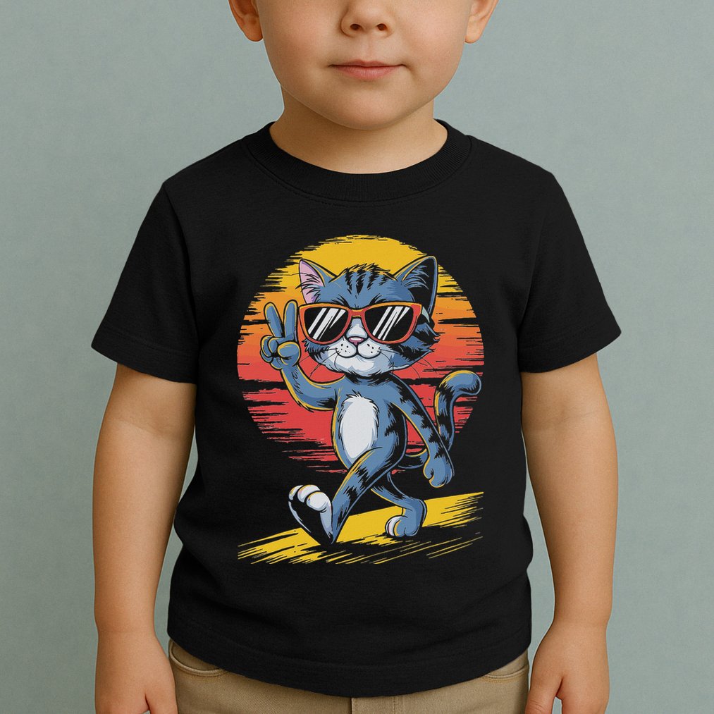 Retro Sunset Cool Cat With Sunglasses Peace Sign Toddler T-Shirt