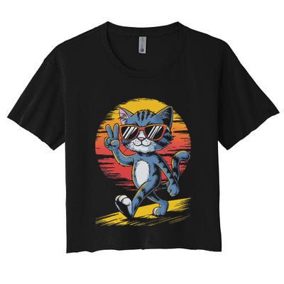 Retro Sunset Cool Cat With Sunglasses Peace Sign Crop Top