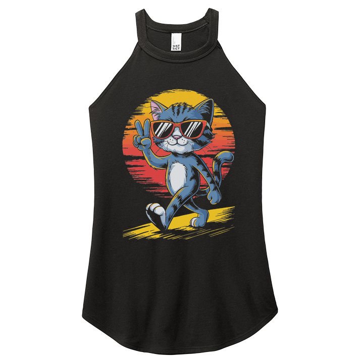Retro Sunset Cool Cat With Sunglasses Peace Sign Women's Perfect Tri Rocker Tank