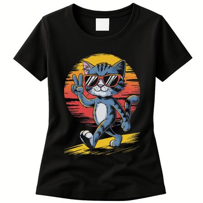 Retro Sunset Cool Cat With Sunglasses Peace Sign Womens T-Shirt