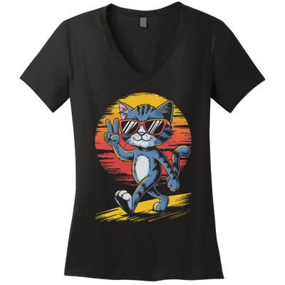 Retro Sunset Cool Cat With Sunglasses Peace Sign Women's V-Neck T-Shirt