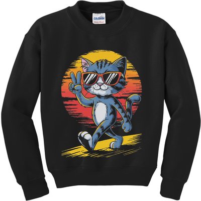 Retro Sunset Cool Cat With Sunglasses Peace Sign Kids Sweatshirt