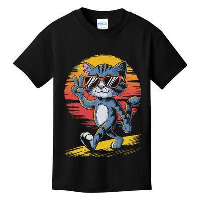 Retro Sunset Cool Cat With Sunglasses Peace Sign Kids T-Shirt
