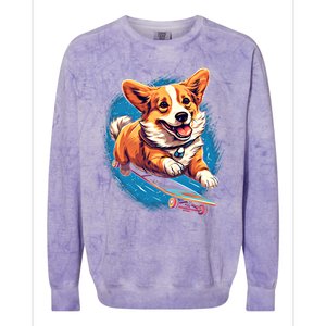 Retro Skateboarding Corgi Dog Skateboard Gift Colorblast Crewneck Sweatshirt