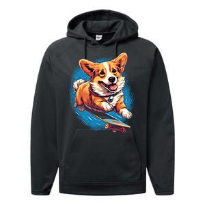 Retro Skateboarding Corgi Dog Skateboard Gift Performance Fleece Hoodie