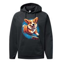 Retro Skateboarding Corgi Dog Skateboard Gift Performance Fleece Hoodie