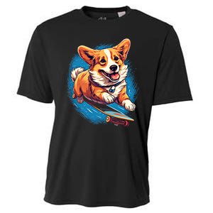 Retro Skateboarding Corgi Dog Skateboard Gift Cooling Performance Crew T-Shirt