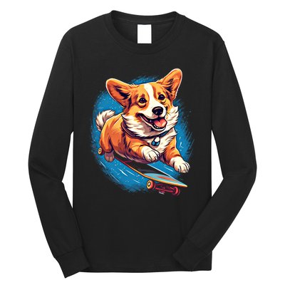 Retro Skateboarding Corgi Dog Skateboard Gift Long Sleeve Shirt