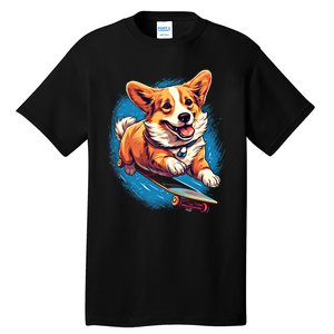 Retro Skateboarding Corgi Dog Skateboard Gift Tall T-Shirt