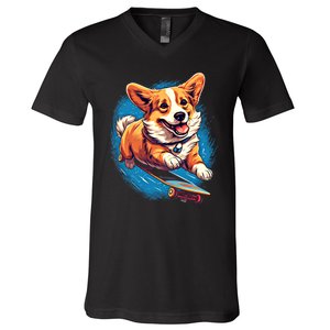 Retro Skateboarding Corgi Dog Skateboard Gift V-Neck T-Shirt