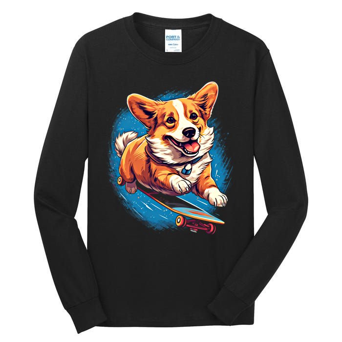 Retro Skateboarding Corgi Dog Skateboard Gift Tall Long Sleeve T-Shirt