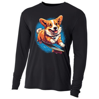 Retro Skateboarding Corgi Dog Skateboard Gift Cooling Performance Long Sleeve Crew