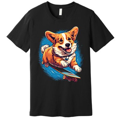 Retro Skateboarding Corgi Dog Skateboard Gift Premium T-Shirt