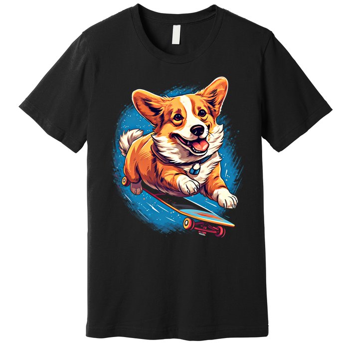 Retro Skateboarding Corgi Dog Skateboard Gift Premium T-Shirt