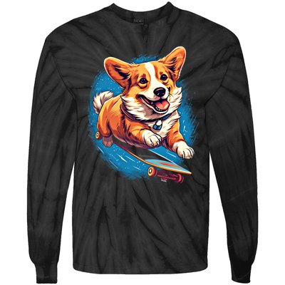 Retro Skateboarding Corgi Dog Skateboard Gift Tie-Dye Long Sleeve Shirt