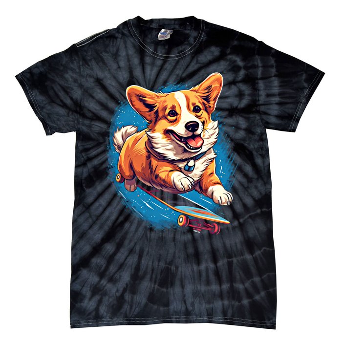 Retro Skateboarding Corgi Dog Skateboard Gift Tie-Dye T-Shirt