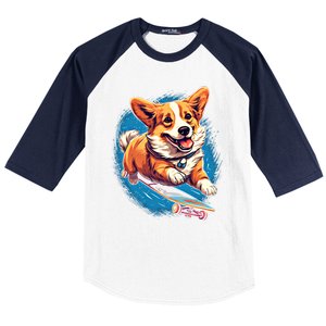 Retro Skateboarding Corgi Dog Skateboard Gift Baseball Sleeve Shirt