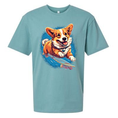 Retro Skateboarding Corgi Dog Skateboard Gift Sueded Cloud Jersey T-Shirt