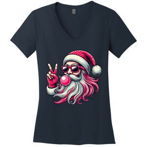 Retro Santa Christmas Blowing Bubble Pin.K Santa Xmas Funny Women's V-Neck T-Shirt