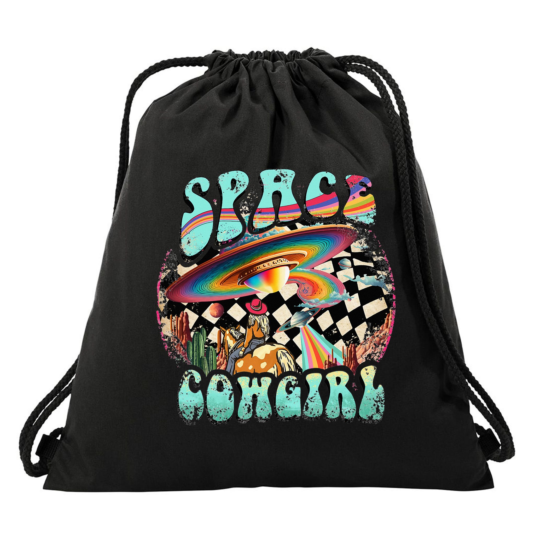 Rodeo Space Cow Yeehaw Retro Cow Country Drawstring Bag