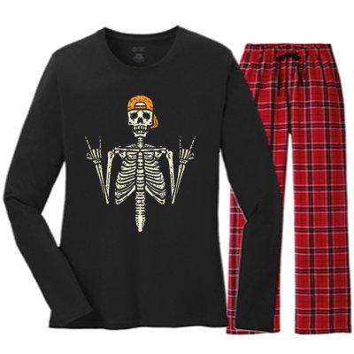 Rocker Skeleton Cap Skater Cool Halloween Punk Rock Women's Long Sleeve Flannel Pajama Set 