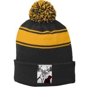 Reindeer Selfie Christmas Party Selfie Funny Reindeer Xmas Stripe Pom Pom Beanie