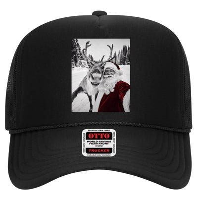 Reindeer Selfie Christmas Party Selfie Funny Reindeer Xmas High Crown Mesh Back Trucker Hat