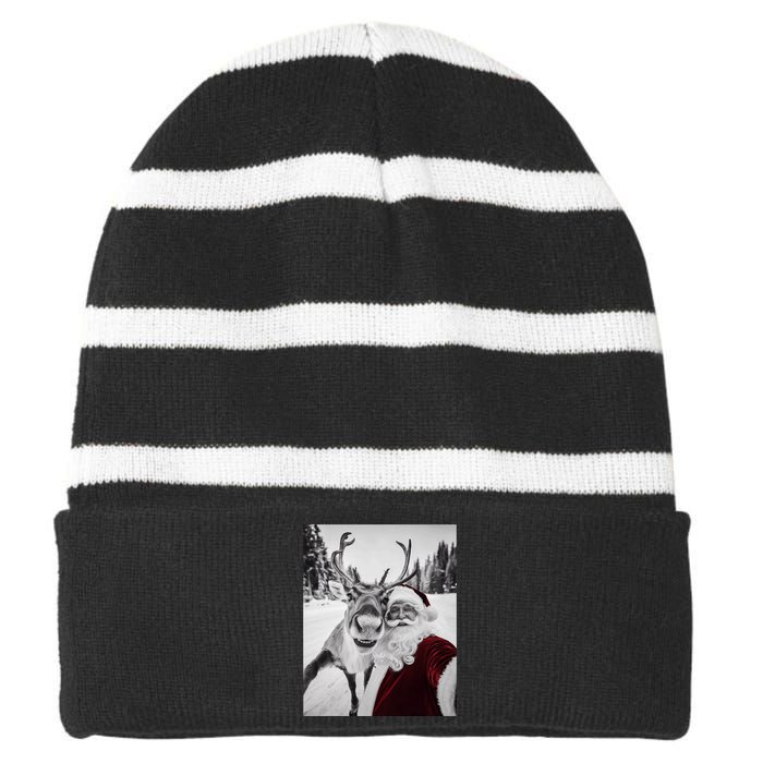 Reindeer Selfie Christmas Party Selfie Funny Reindeer Xmas Striped Beanie with Solid Band