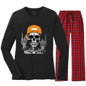 Rock Skeleton Cool Rocker Halloween Women's Long Sleeve Flannel Pajama Set 