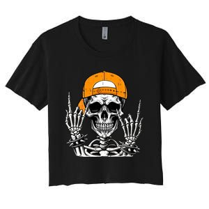 Rock Skeleton Cool Rocker Halloween Women's Crop Top Tee