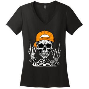 Rock Skeleton Cool Rocker Halloween Women's V-Neck T-Shirt