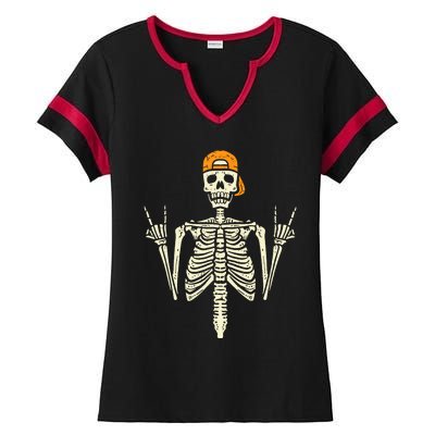 Rocker Skeleton Cap Skater Cool Halloween Punk Rock Ladies Halftime Notch Neck Tee