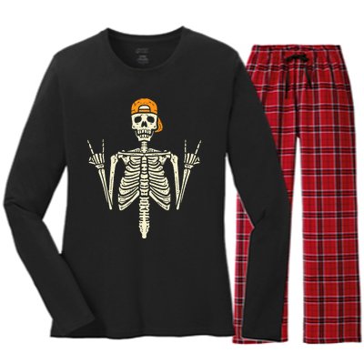 Rocker Skeleton Cap Skater Cool Halloween Punk Rock Women's Long Sleeve Flannel Pajama Set 