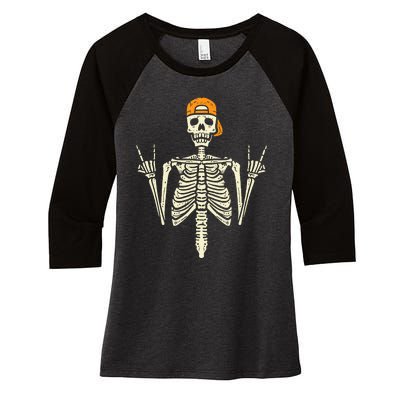 Rocker Skeleton Cap Skater Cool Halloween Punk Rock Women's Tri-Blend 3/4-Sleeve Raglan Shirt