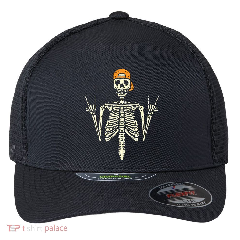 Rocker Skeleton Cap Skater Cool Halloween Punk Rock Flexfit Unipanel Trucker Cap