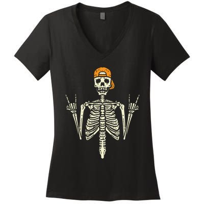 Rocker Skeleton Cap Skater Cool Halloween Punk Rock Women's V-Neck T-Shirt