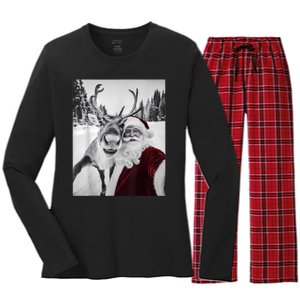 Reindeer Selfie Christmas Party Selfie Funny Reindeer Xmas Women's Long Sleeve Flannel Pajama Set 