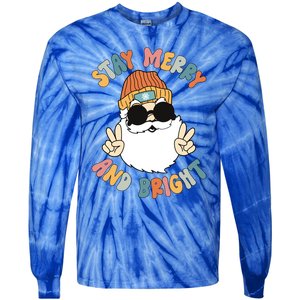 Retro Santa Claus Stay Merry And Bright Groovy Christmas Gift Tie-Dye Long Sleeve Shirt