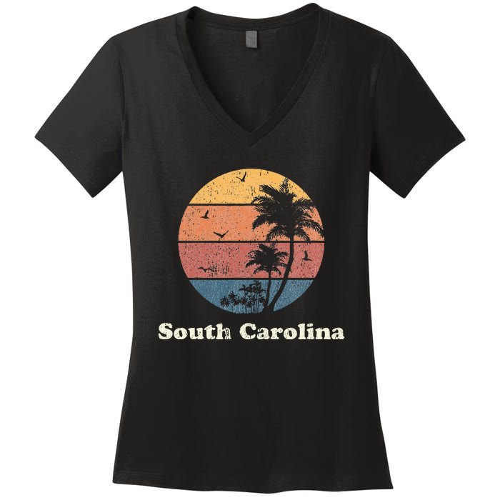 Retro South Carolina Vintage Sunset & Palm Trees Women's V-Neck T-Shirt