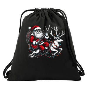 Rock Santa Claus Playing Guitar Rock And Roll Christmas Drawstring Bag