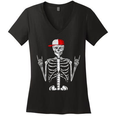 Rocker Skeleton Cap Cool Halloween Punk Rock Women's V-Neck T-Shirt