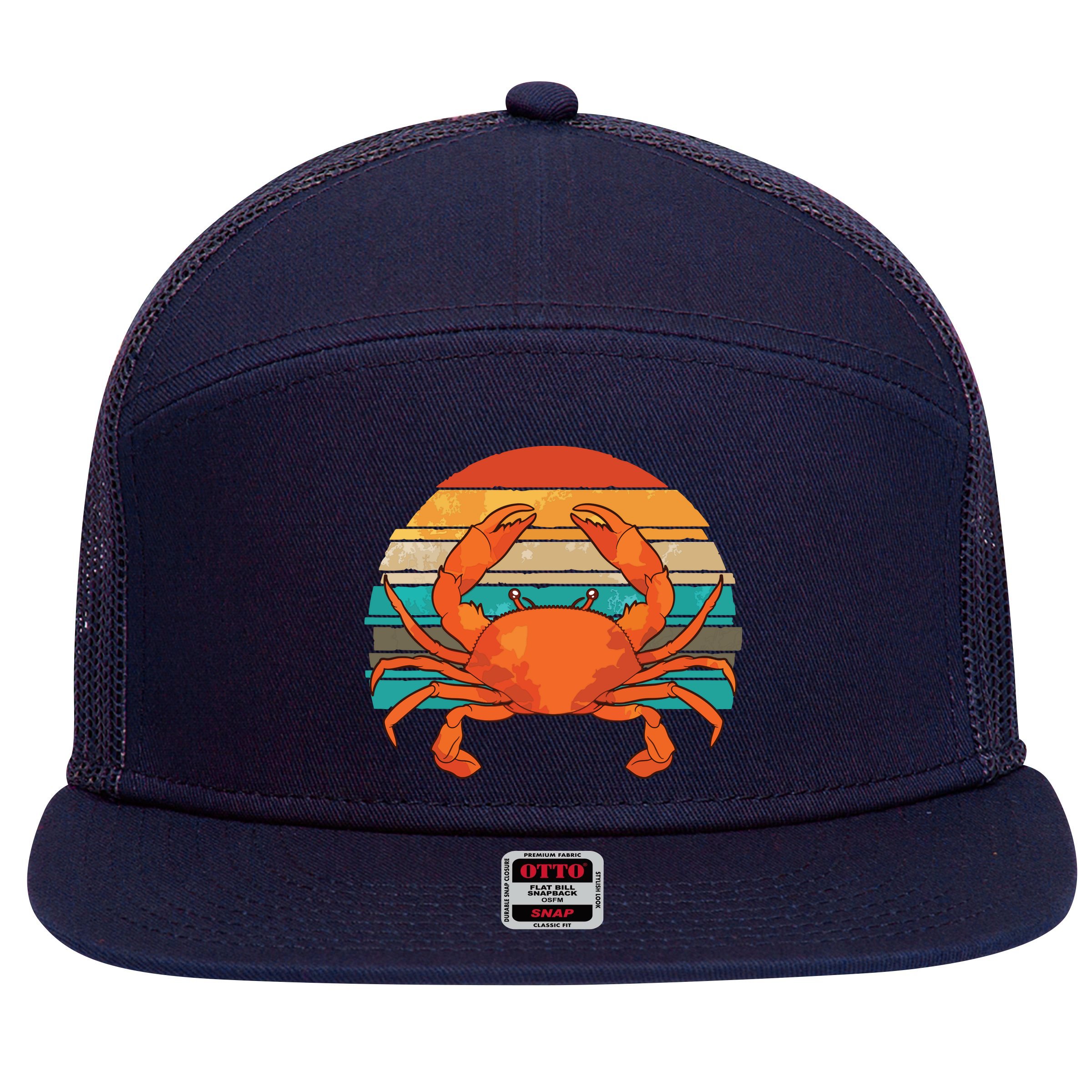 Retro Seafood Crab Lover Crabbing Sea Animal Crab 7 Panel Mesh Trucker Snapback Hat