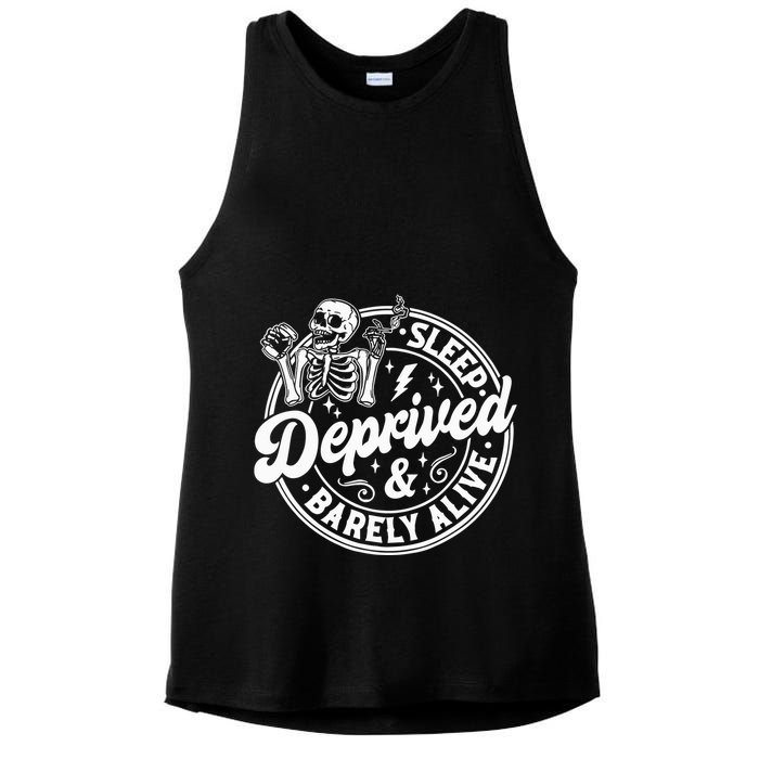 Retro Sleep Deprived Barely Alive Funny Skeleton Halloween Ladies PosiCharge Tri-Blend Wicking Tank