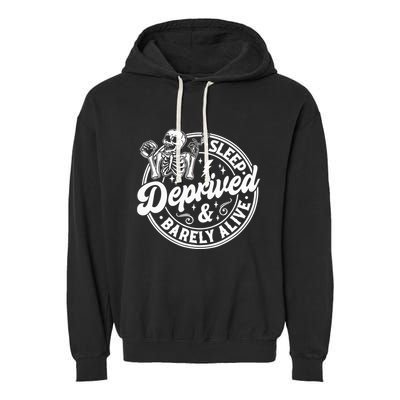 Retro Sleep Deprived Barely Alive Funny Skeleton Halloween Garment-Dyed Fleece Hoodie
