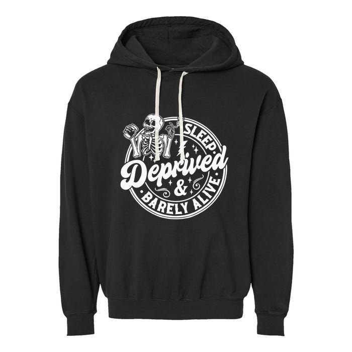 Retro Sleep Deprived Barely Alive Funny Skeleton Halloween Garment-Dyed Fleece Hoodie