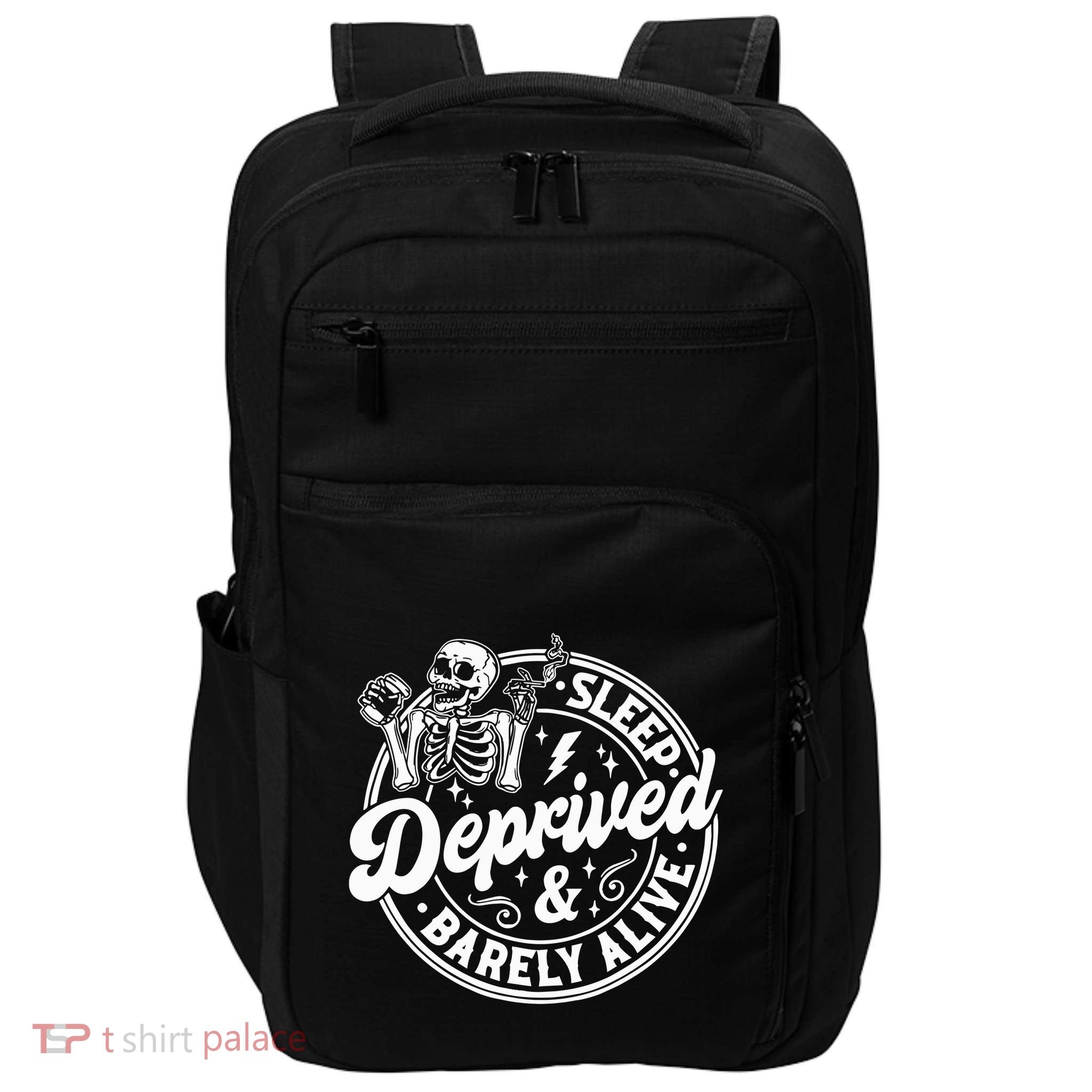 Retro Sleep Deprived Barely Alive Funny Skeleton Halloween Impact Tech Backpack