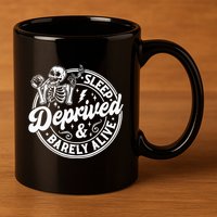 Retro Sleep Deprived Barely Alive Funny Skeleton Halloween 11oz C Handle Ceramic Mug