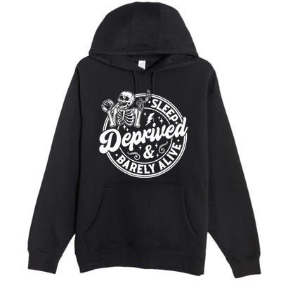 Retro Sleep Deprived Barely Alive Funny Skeleton Halloween Premium Pullover Hoodie