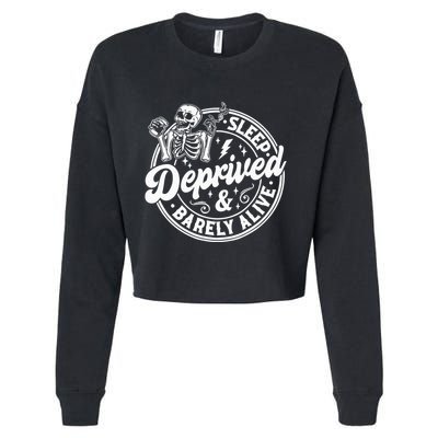 Retro Sleep Deprived Barely Alive Funny Skeleton Halloween Cropped Pullover Crew